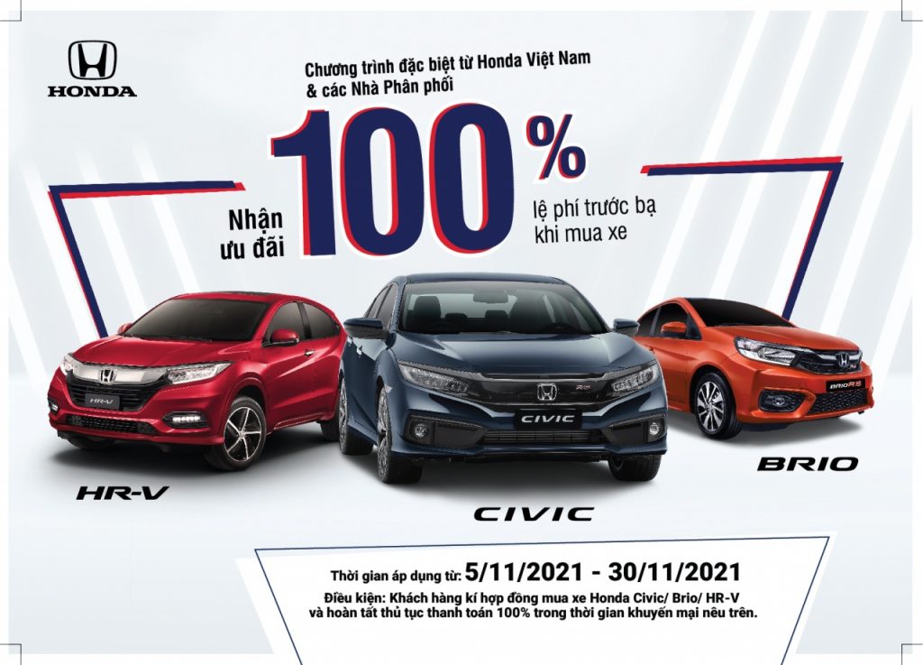 Hỗ trợ 100% lệ phí trước bạ cho khách hàng mua xe Honda Civic, Honda HR-V và Honda Brio trong tháng 11 năm 2021