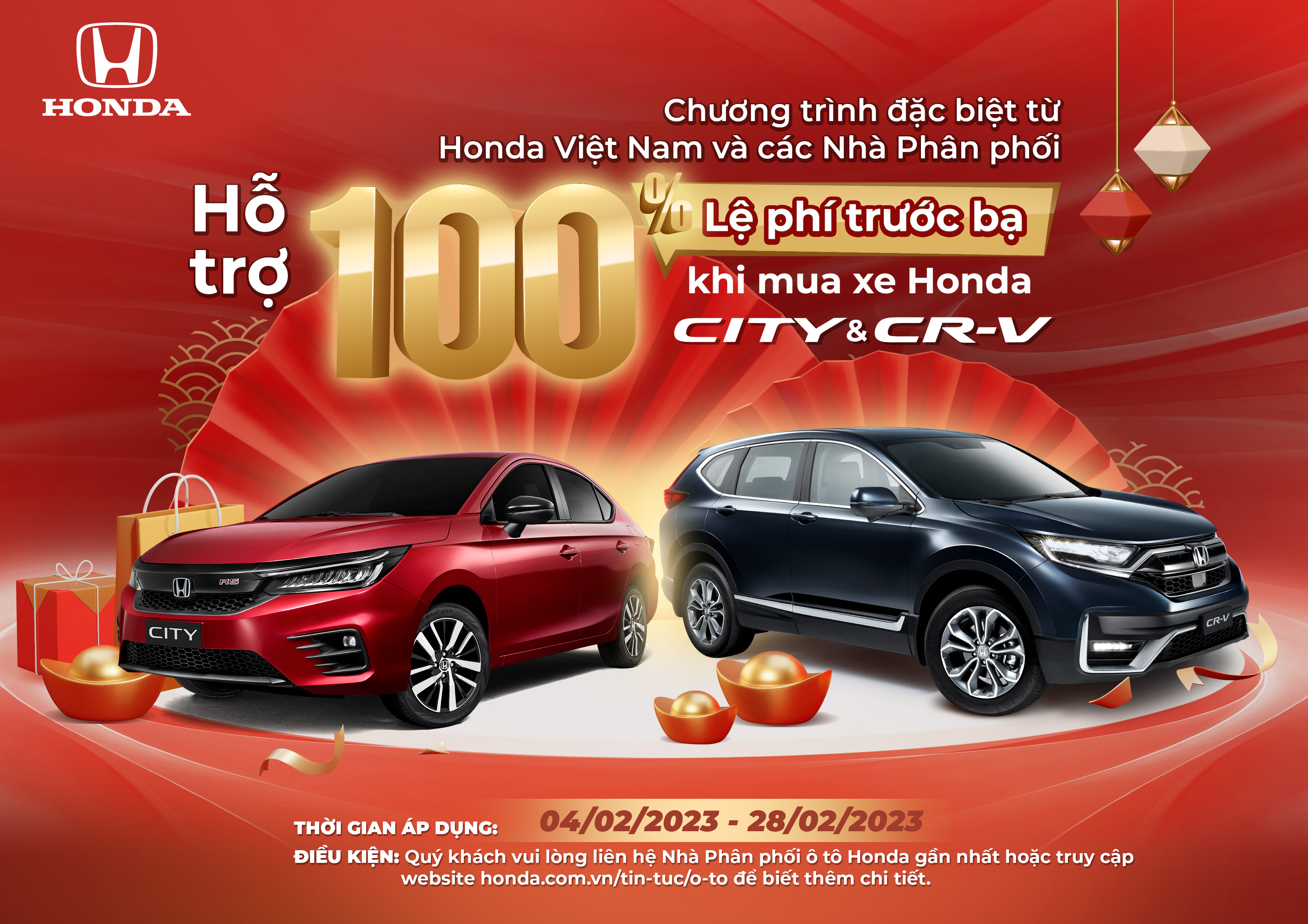 Chương Trình Hỗ Trợ 100% Lệ Phí Trước Bạ Khi Mua Xe Honda CR-V và Honda CITY Từ 04/02/2023 Đến Hết 28/02/2023